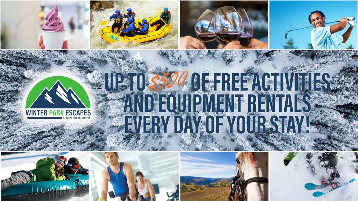 A vibrant collage of outdoor adventure activities in Winter Park, including whitewater rafting on churning river rapids, skiers making their way down snowy slopes, horseback riders traversing scenic trails, a golfer on a mountain course, and groups savoring gourmet dining experiences outdoors. The overall feeling is one of high energy and exploration in all seasons.