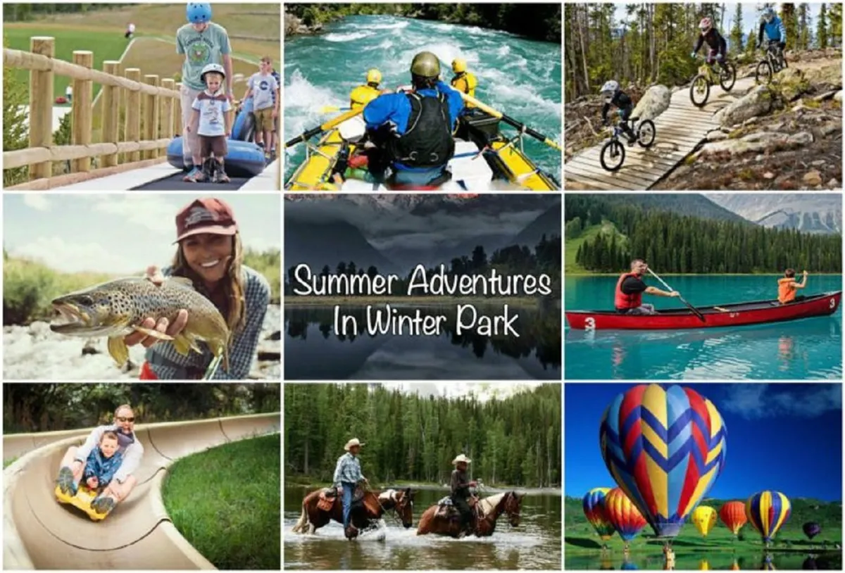 This dynamic image showcases families and groups engaging in a range of fun outdoor activities—rafting on the river, cycling, fishing, and hot air ballooning. The mood is adventurous and joyful, expressing the excitement and diversity of experiences available in Winter Park for all ages and seasons.