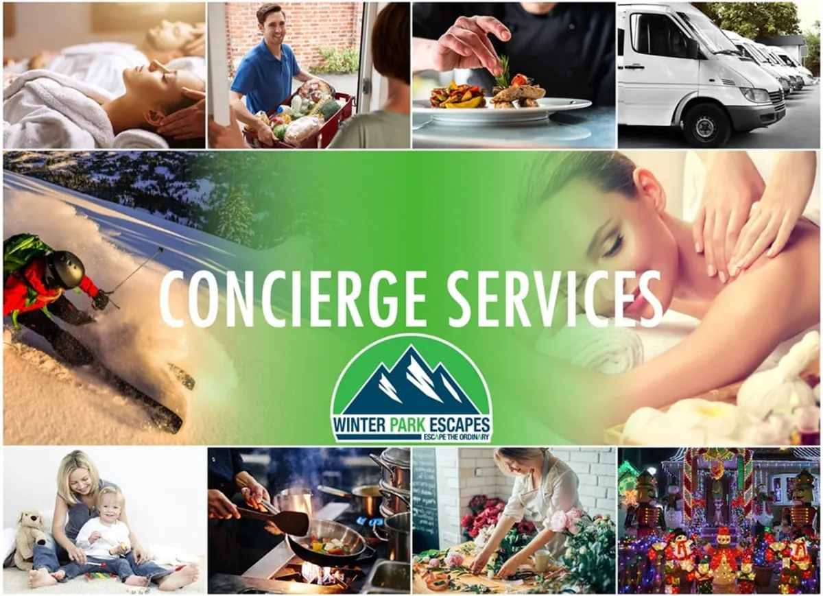 A montage-style view of luxury amenities, including spa services, gourmet meals being prepared, transportation options, and a variety of family activities. The image hints at both relaxing and adventurous experiences, with winter sports gear visible, and festive decorations suggesting year-round celebration.